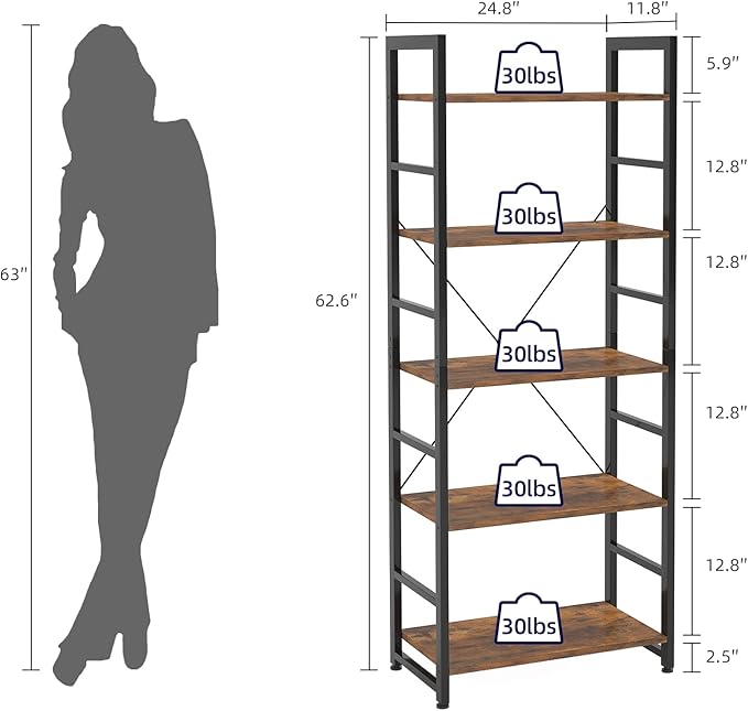 24" Bookshelf, 5-Tier Ladder Shelf, Industrial Bookcase, Wooden and Metal Storage Rack, Shelving Unit for Living Room Entryway Office, Rustic Brown Book Shelves