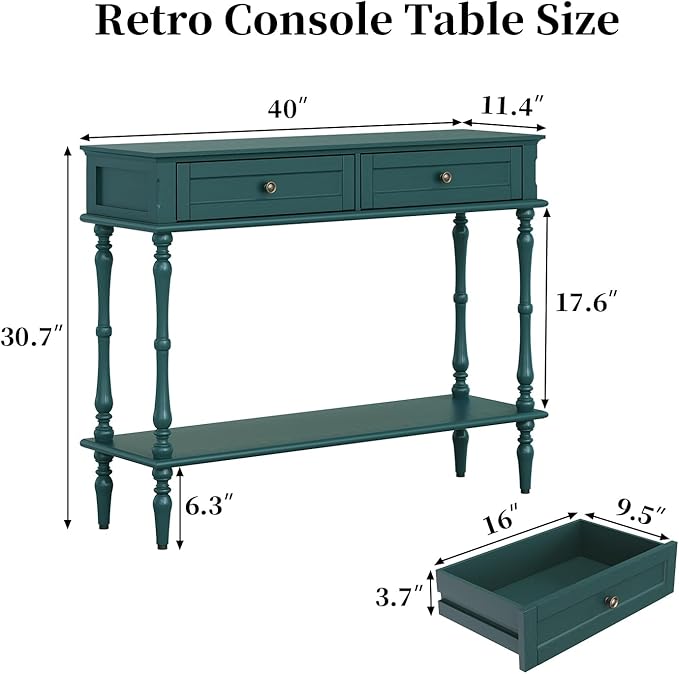 ARTPOWER Console Table for Entryway with 2 Drawers-Minimal Assembly,Retro Entryway Tables with Storage Cabinets and Open Shelf,Narrow Long Couch Table Behind Sofa for Living Room,Foyer,Hallway,Green