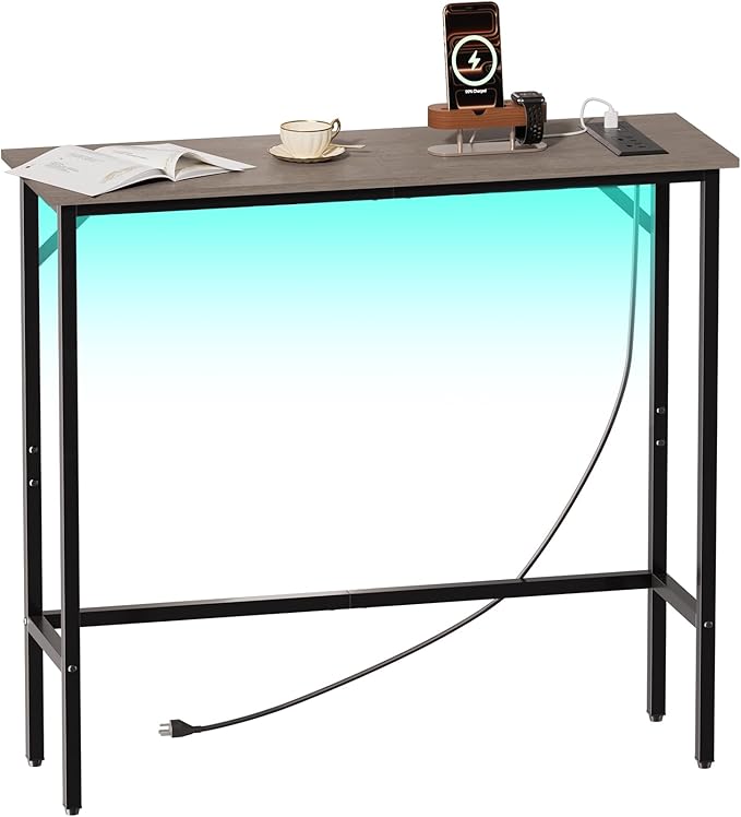 Narrow Console Table with Led Light and Charging Station，29.5" Small Entryway Table，Display Table，Entryway Hallway Thin Sofa Table Behind Sofa, Small Spaces, Living Room, Gray