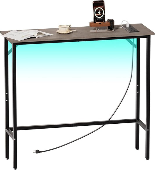 Narrow Console Table with Led Light and Charging Station，29.5" Small Entryway Table，Display Table，Entryway Hallway Thin Sofa Table Behind Sofa, Small Spaces, Living Room, Gray