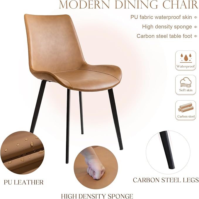 Dining Chairs, Modern PU Leather Dining Room Chair with Sturdy Metal Legs, Upholstered Seat Dinner Chairs Accent Side Chairs for Indoor Kitchen Living Room (Brown, Set of 4)