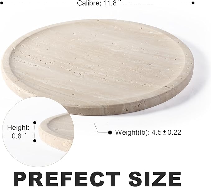 Travertine Tray, 11.8"x0.8" Round Serving Tray for Kitchen and Coffee Table, Bathroom Trays for Counter, Decorative Vanity Trays, Catchall Fruit and Snack, Light Beige Ottoman Tray