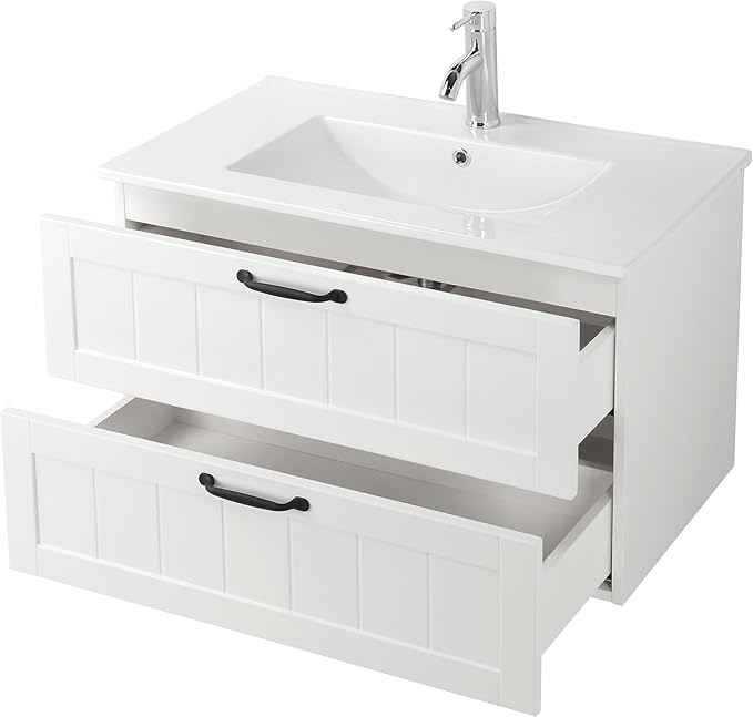 Goujxcy 31.5" Wall Mounted Bathroom Vanity with Sink, Modern Floating Bathroom Cabinet with Ceramic Sink & Double Drawers, Wood Hanging Bath Room Cabinet with Soft-Close System (White)