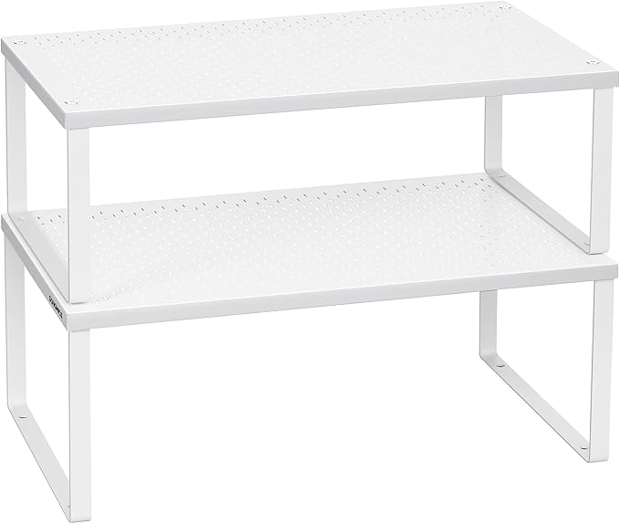 SONGMICS Spice Racks, Set of 2 Metal Cabinet Shelf Organizers, Countertop Organizers, Shelf Risers, Stackable, Expandable, White UKCS401W01