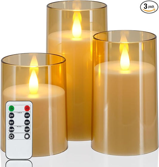 Homemory Realistic Flickering Flameless Candles, Battery Operated Candles with Remote Control and Timer, LED Fake Electric Candle for Home, Christmas Decoration, Gold, Set of 3