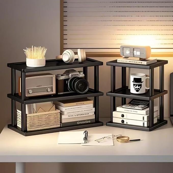 Bamboo Desktop Bookshelf Organizer – 3-Tier Desk Storage Rack for Office, Home, Study, Kitchen – Compact Shelf for Books, Plants, Toiletries, Supplies (Two Layers - Length 18.9 in)