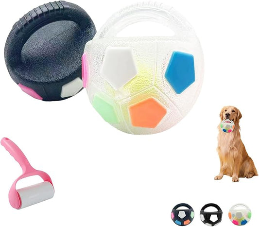 The Mellow Dog Calming Ball with Handle, Interactive Football Shape Dog Toy, Treat Dispensing & Lick Ball with Squeaker, Floating Toss and Fetch Toy for Small Medium Large Dogs(White+Black-A)