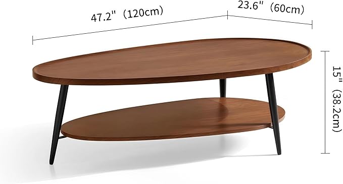 Shrine Oval Coffee Table, Mid-Century Modern Coffee Table, Brown Walnut Wood Table for Living Room, D47''x W23.6''x H15'', Sleek Conical Metal Legs with Black Finish