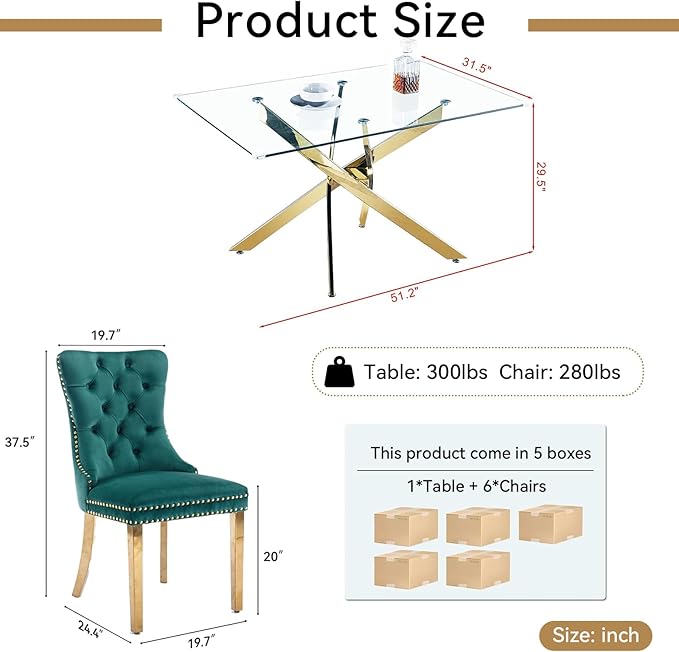 Goujxcy 51" Glass Dining Table Set for 6, Modern Kitchen Table and Chairs Set w/Steel Legs, 7-Piece Dining Table Set w/Glass Gold Dining Table and 6 Green Velvet Chairs for Kitchen Dining Room
