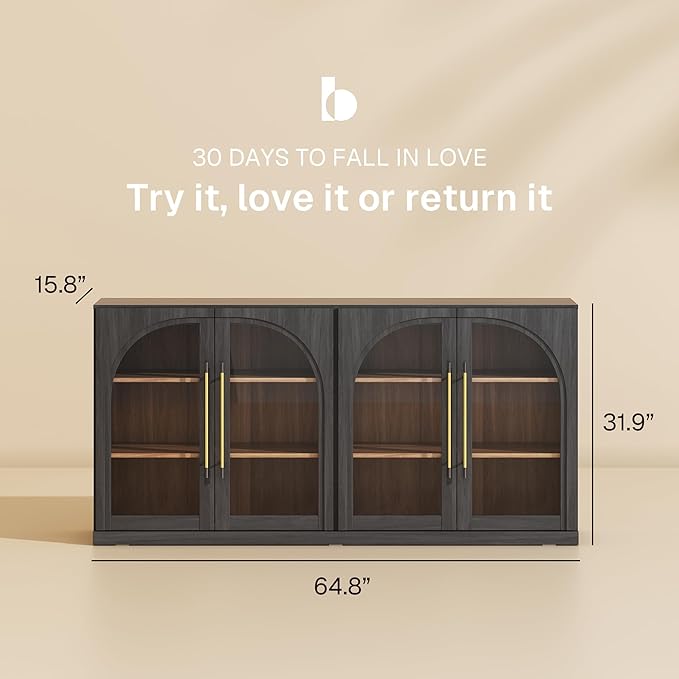 BELLEZE 65" Arched Sideboard with Glass Door, Accent Buffet Cabinet with Storage and Adjustable Shelves, Classic Modern Large Console Table for Dining Room Living Room Entryway (Ebony)