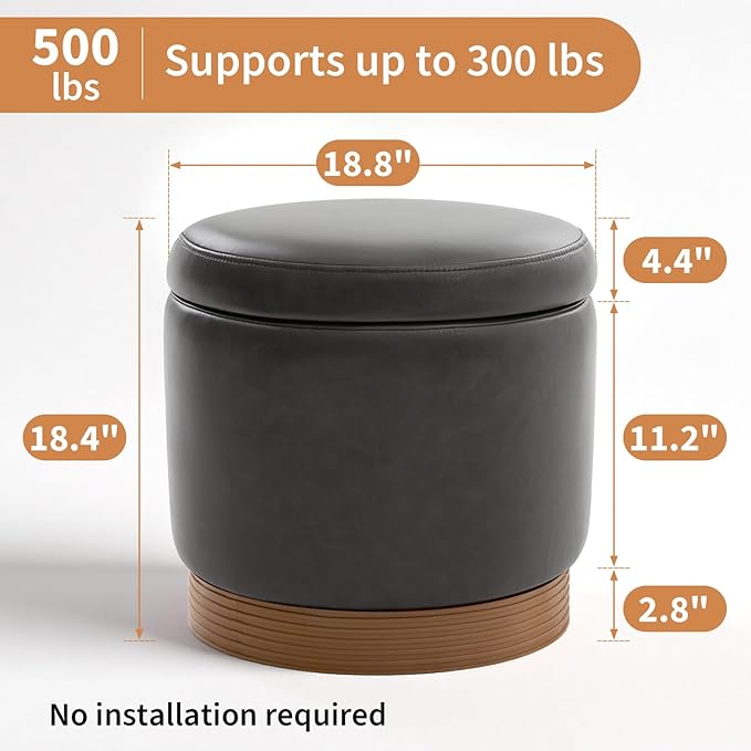 Round Ottoman with Storage,Swivel Vanity Stool-Leather Foot Rest,Upholstered Footstool Pouf with Sturdy Wooden Frame(500 Lb),Small Coffee Table & Hidden Storage Ottoman for Living Room