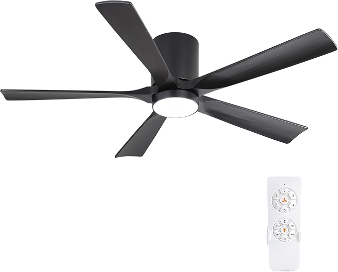 ELEHINSER 52 inch Low Profile Ceiling Fan with Light, 5 Solid Wood Blades, 6-Speeds, Quiet DC Motor, Timer, Flush Mount Modern Ceiling Fan with Remote for Living Room Bedroom, Black