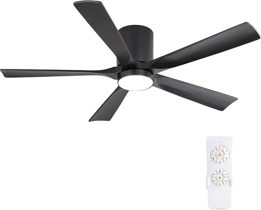 ELEHINSER 52 inch Low Profile Ceiling Fan with Light, 5 Solid Wood Blades, 6-Speeds, Quiet DC Motor, Timer, Flush Mount Modern Ceiling Fan with Remote for Living Room Bedroom, Black