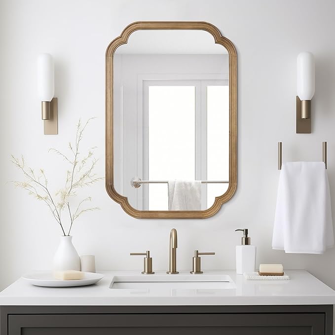 WallBeyond 20" x 30" Rounded Corner Arch Wall Mirror with Wood Frame for Entryway, Living Room or Bedroom Home Decor - Light Woodgrain, Honey-Colored