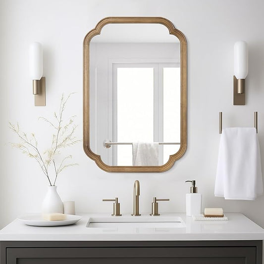 WallBeyond 20" x 30" Rounded Corner Arch Wall Mirror with Wood Frame for Entryway, Living Room or Bedroom Home Decor - Light Woodgrain, Honey-Colored