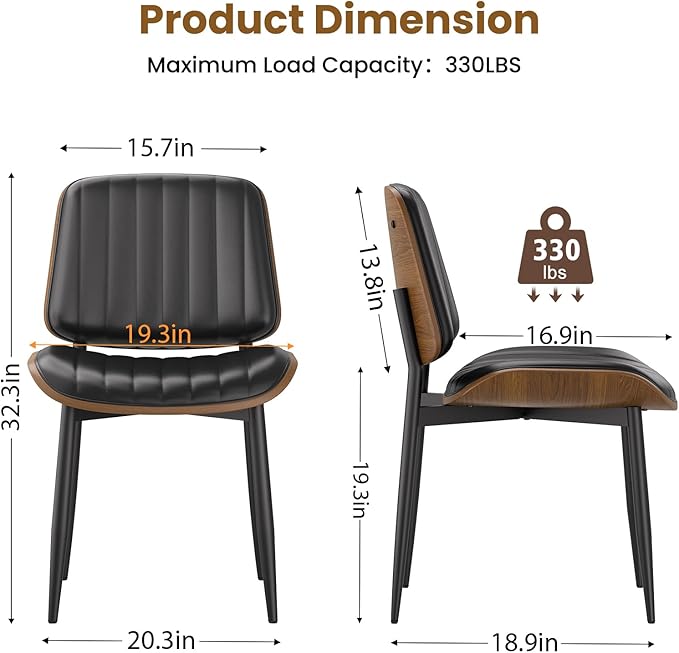 Dining Chairs Set of 4, FSC Certified Mid Century Modern Dining Room Kitchen Chairs, Upholstered PU Leather Vertical Stripe Chairs for Vanity with Walnut Bentwood and Metal Legs, Black