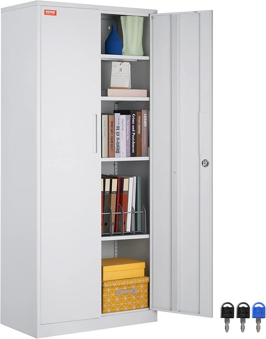 VEVOR Metal Storage Cabinet, Steel Locking Storage Cabinet with 2 Magnetic Doors and 4 Adjustable Shelves, 71'' Metal Cabinet 200 lbs Capacity per Shelf with 3 Keys, for Garage, Office, Home, White