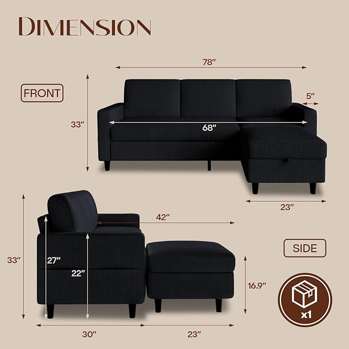 Sectional Couches for Living Room, L Shaped Couch with Storage Ottoman, Small Sofa Corduroy Couch with Side Pockets, Modern 3 Seater Convertible Sofa for Apartment, Office, Black