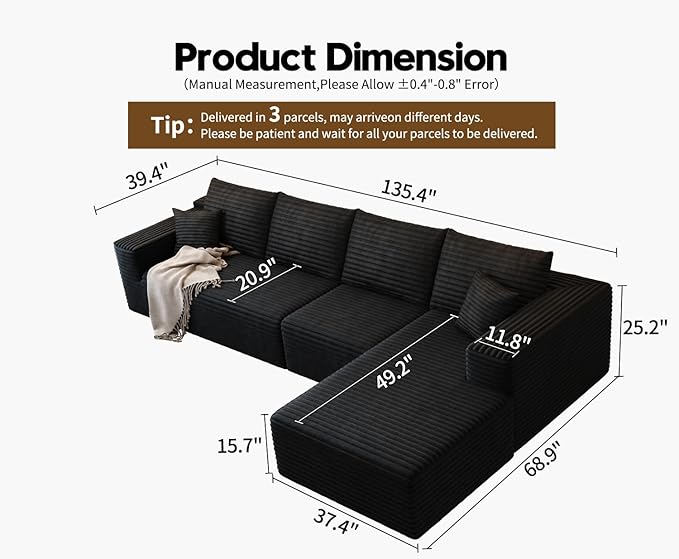 135.4" Cloud Modular Sectional Sofa Couch with L-Shape Chaise,Modern Minimalist Upholstered Couches for Living Room Bedroom,Deep Seat Corner Couch，No Assembly Required (Black,Right Facing Chaise)
