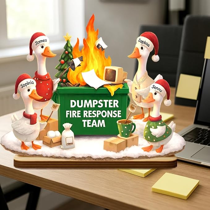 Funny Goose Dumpster Fire Response Team Wooden Plaque 2025, Personalized Flaming Dumpster Sign, Custom Name Group Plaque, Humorous Holiday Gift for Coworkers