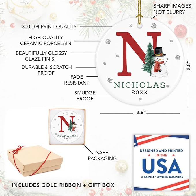 Andaz Press Personalized Ornament, Custom Name, Initial N Monogram Snowman 2.8" Ceramic Porcelain 2025 Christmas Ornament Keepsake for Kids, Boys, Girls, Includes Gold Ribbon & Gift Box, 1-Pack