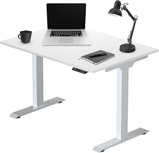 Progressive Desk Stand Up Electric Standing Desk, Compact Home Office Table, White Frame and Warm White MDF Tabletop Prime Ryzer 42" x 24"