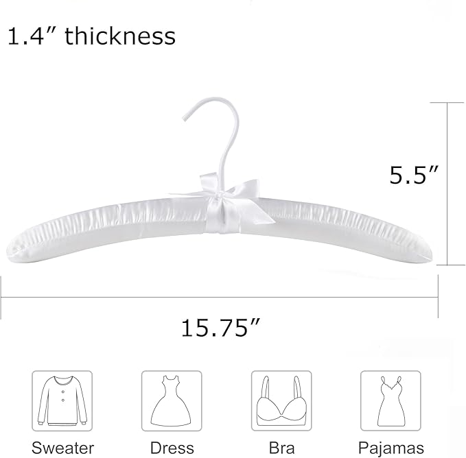 Pure White Satin Padded Sweater Hangers 5 Pack, Blouse Hanger with Thick & Soft Foam for Bridal Wedding Dress Lingerie, Smooth Silk Covered Shirt Hanger Without Shoulder Bump