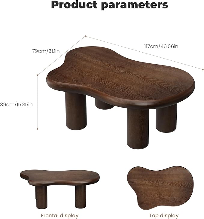 Cloud Coffee Table 46" Dark Brown Wood Coffee Table with 4 Sturdy Legs Mid-Century Modern Center Table Tea Table for Living Room Bedroom Office (Clouds Brown)
