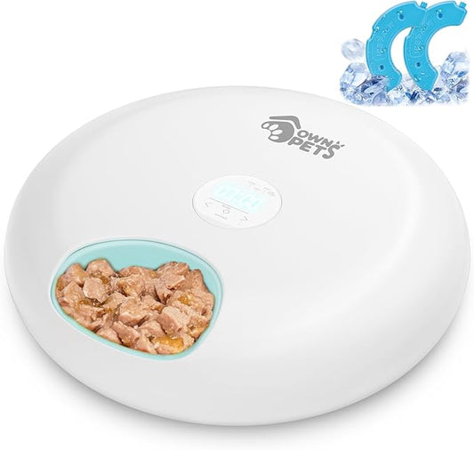 Ownpets 6 Meals Automatic Cat Feeder for Wet/Dry Food, with 2 Ice Packs, Programmable Timed Pet Feeder, Cordless Rechargeable Battery Auto Feeder for Cats/Small Dogs