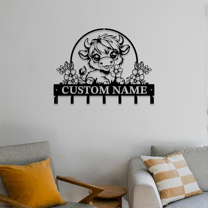Personalized Highland Cow Metal Keys Hooks,Custom Name Metal Highland Cow Keys Hooks,Black Metal Highland Cow Wall Home Storage Decorative Keys Hooks,Key Holder Hooks for Wall (Style C)