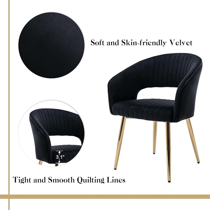 Modern Black Velvet Dining Chairs Set of 4, Upholstered Gold Dining Room Chairs with Tufted Back, Accent Armrest Kitchen Chairs with Gold Legs for Dining Room Reception