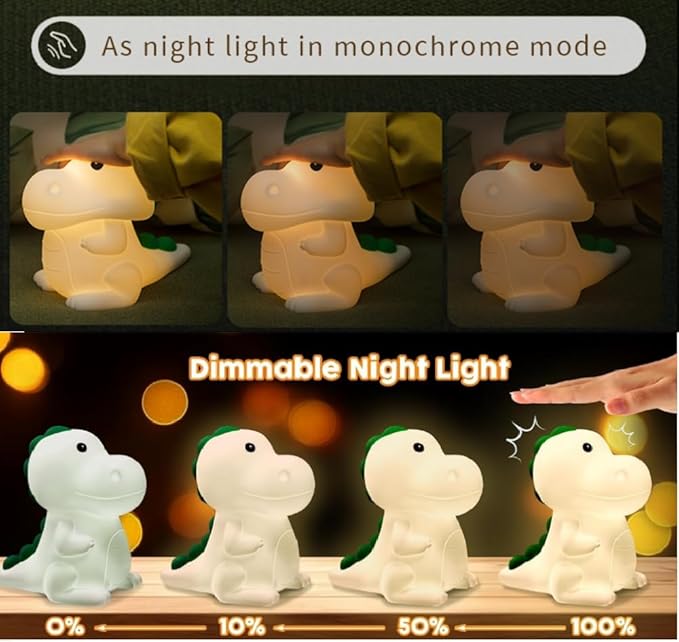 Dinosaur Night Light Adults Kids,LED Dimmable Animal Silicone Sleep Night Lamp,Rechargeable Bedside Table Lamp with Touch Sensor 7 Colors,Gifts Decor for Bedrooms,Living Room,Boys Girls