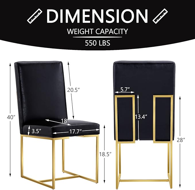 AUZ Dining Chairs, Black and Gold Faux Leather Upholstered Dining Room Chairs with Polished Stainless Steel Legs, Set of 2