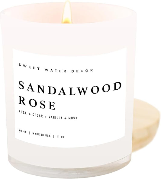 Sweet Water Decor Sandalwood Rose Candle - Rose, Cedar, Vanilla, Musk Scented Floral Candle for Spring - 11oz White Jar with Wood Lid, 50+ Hour Burn Time, Made in The USA
