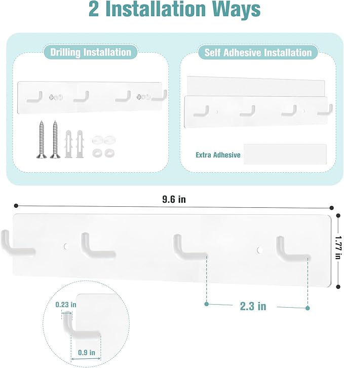 RELBRO Key Holder Wall Mount, Large Metal Self Adhesive Key Rack with 4 Hooks, 2 Installation Options, White