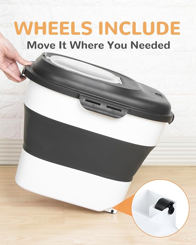 30-35 Lbs Dog Food Storage Container Collapsible Dog Food Container with Airtight Lids, Wheels, Scoop and 2pcs Food Storage Containers, Large Pet food storage for Dog, Cat (Black)