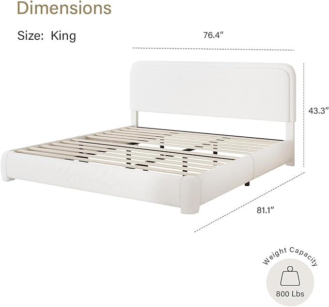 BarnFurin Boucle Upholstered Bed Frame King Size/Cloud Bed Frame/Soft Rounded Corners Headboard/Low Profile/No Box Spring Needed/White