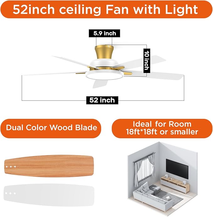 TALOYA 52 inch Ceiling Fans with Lights and Remote,Ultra Silent low profile Ceiling Fan with Three Color Temperature and Dimmable Light with Reversible Blades White Gold
