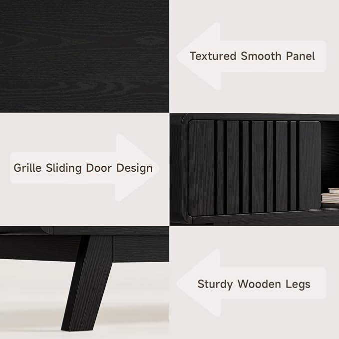 ONBRILL Coffee Table, Mid Century Modern Table with Storage Compartment, Fluted Table with Sliding Cabinet Door, Farmhouse Wood Coffee Table for Living Room (Black)