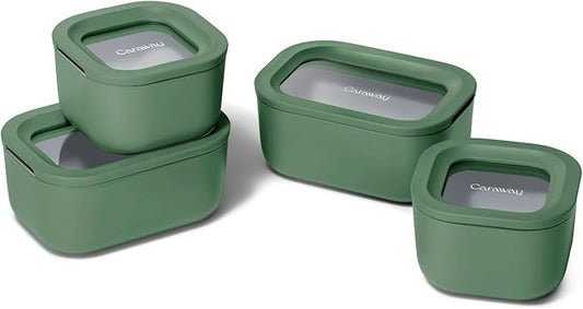 Caraway Mini Food Storage 9pc Set - Glass Storage Containers for Food - Non-Toxic Ceramic-Coated Glass - Air Release Technology - Compact & Stackable Design - Sage
