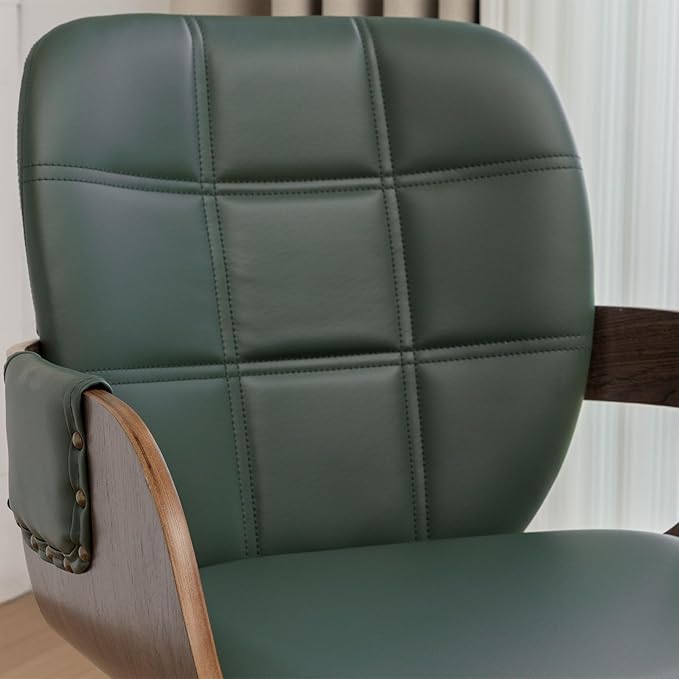 Set of 2 MCM dining Chairs - Swivel Faux Leather Dining Chairs with Arms and Curved Back, Bentwood Structure, Walnut Craftsmanship, Versatile for Kitchen/Restaurant/Conference Room (Walnut Green)