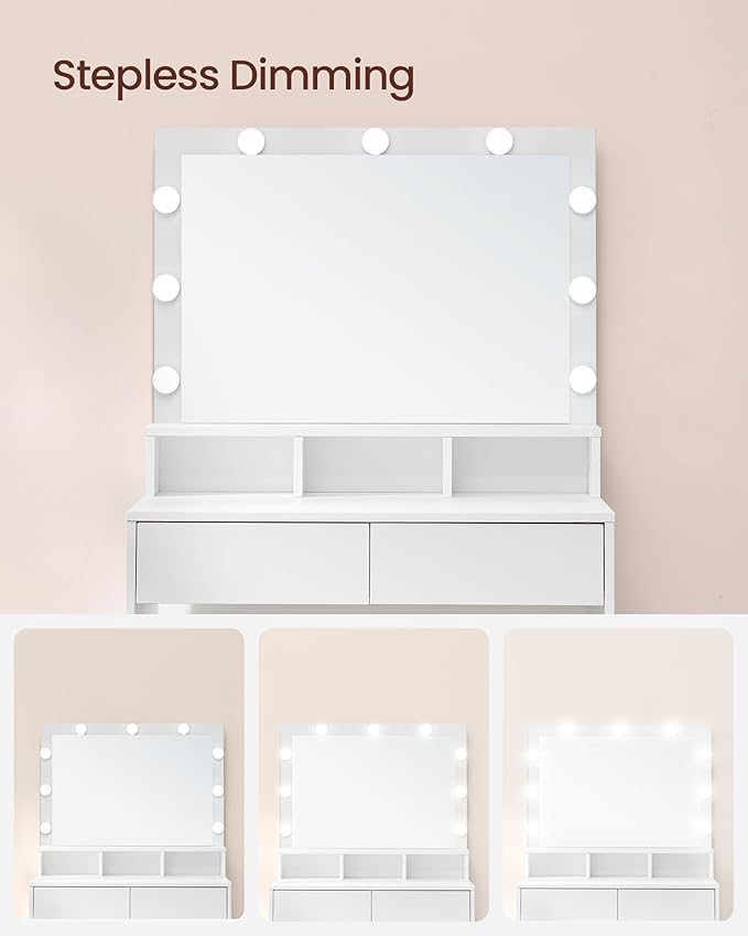 VASAGLE Vanity Desk with Mirror and Lights, Makeup Vanity with Large Mirror, LED Lights with Adjustable Brightness, Vanity Table, 2 Drawers, 3 Compartments, Modern Makeup Desk, Cloud White URDT120T14