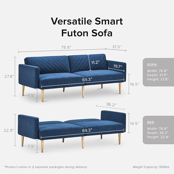 mopio 76.4" Futon Sofa Bed, Couch, Loveseat, Sleeper Sofa, Mid Century Modern Futon Couch, Sofa Cama, Couches for Living Room (Classic Blue Velvet)