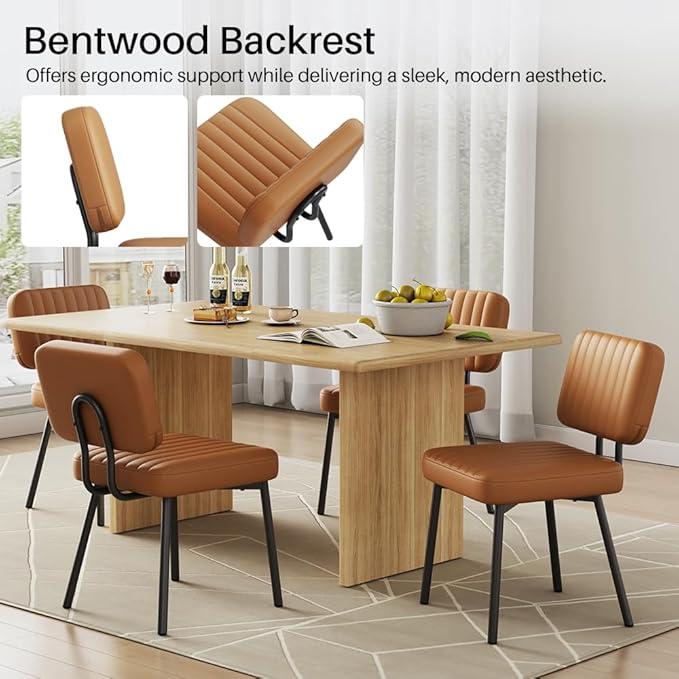 Dining Chairs Set of 4, Upholstered Mid Century Modern Kitchen Dining Room Accent Chairs with Faux Leather Cushion Seat & Metal Legs for Kitchen, Living Room (Brown, Set of 4)