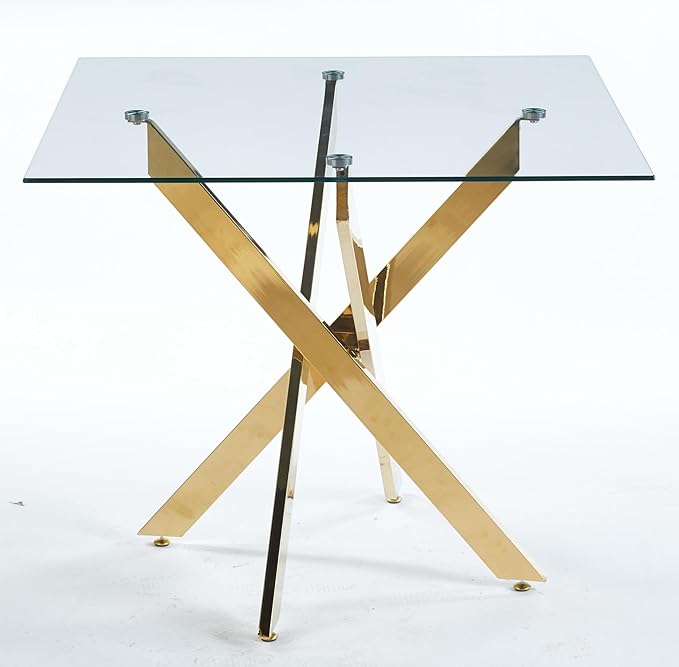 36" Square Dining Table for 4, Modern Clear Glass Kitchen Table for 4 with Gold X Metal Legs, Contemporary Small Glass Dining Room Leisure Tables for Kitchen Apartment