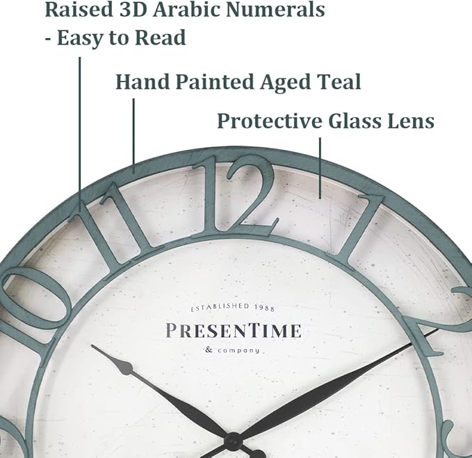 Presentime & Co 21" Farmhouse Series Wall Clock,Vintage Style, Retro Clock, Raised 3D Arabic Numeral, Aged Teal Finish. Wall Décor for Living Room and entryway.