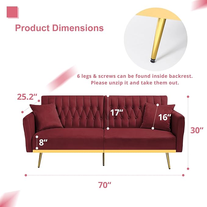 70” Velvet Futon Sofa Bed with 2 Pillows and Adjustable Armrests, Convertible Sleeper Bed W/Adjustable Backrests, Modern Loveseat for Living Room, Bedroom, Red