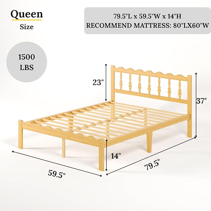 Bamboo Queen Bed Frame with Headboard, 14 inch Solid Wood Platform Bed Frames Queen Size with Metal Slats, No Box Spring Needed, Easy Assembly, Noise Free