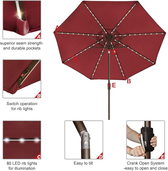 EliteShade USA 10-Year-Non-Fading Solar 9ft Market Umbrella with 80 LED Lights Patio Umbrellas Outdoor Table Umbrella with Ventilation, Burgundy
