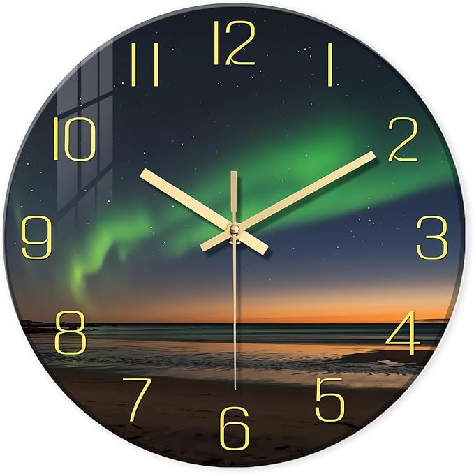 Beach Wall Clock for Bedroom 14 Inch Glass Silent Wall Clock Battery Operated Analog Clocks Wall Decorative